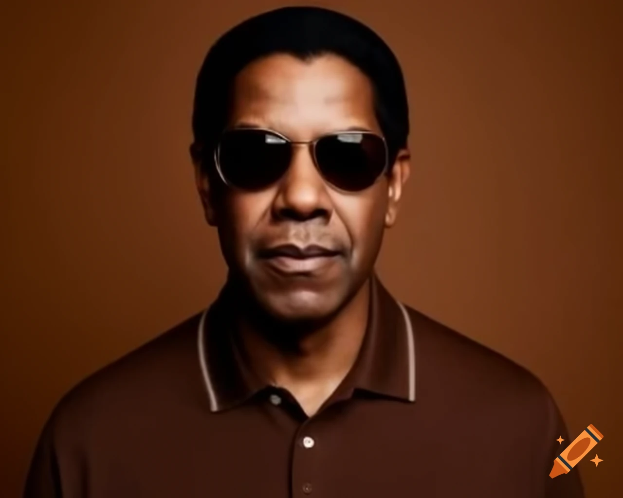 Denzel Washington wearing sunglasses and brown polo shirt against brown background