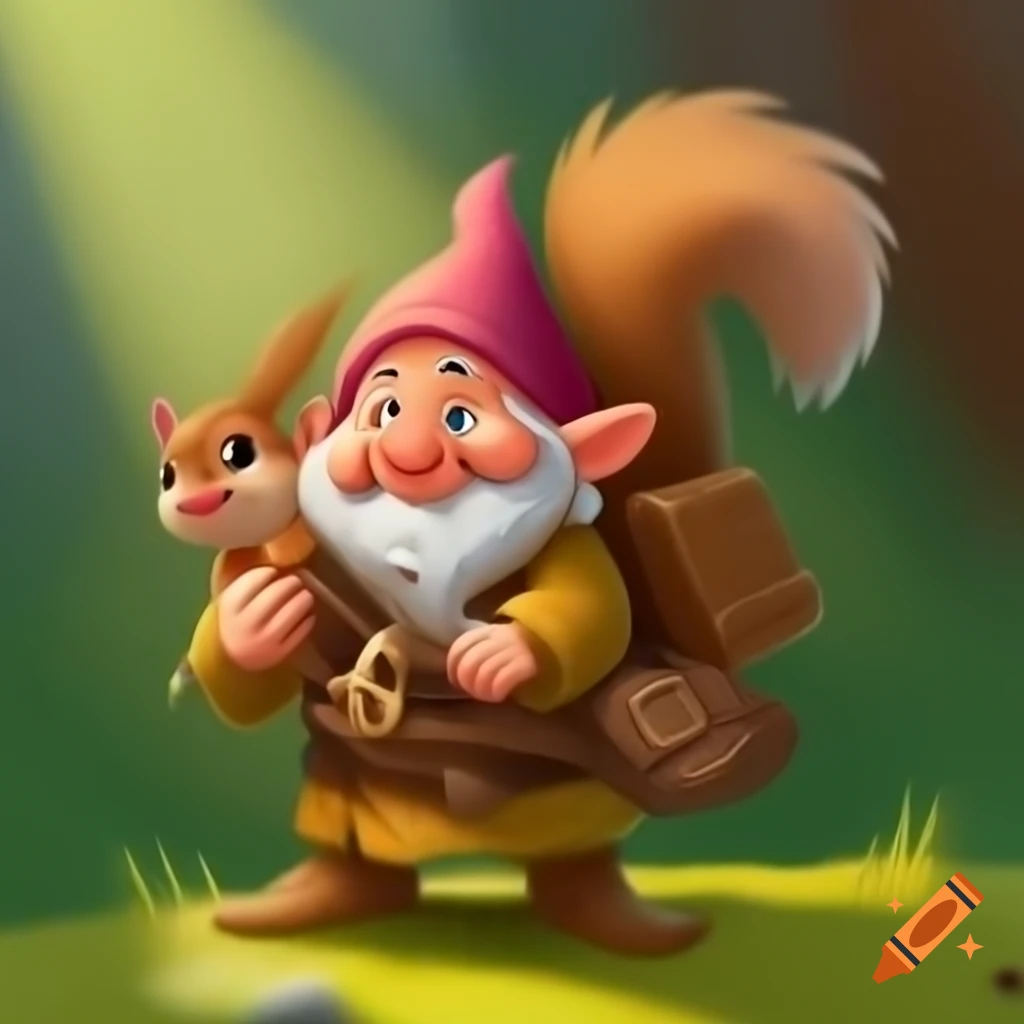 Cartoon dwarf interacting with a squirrel