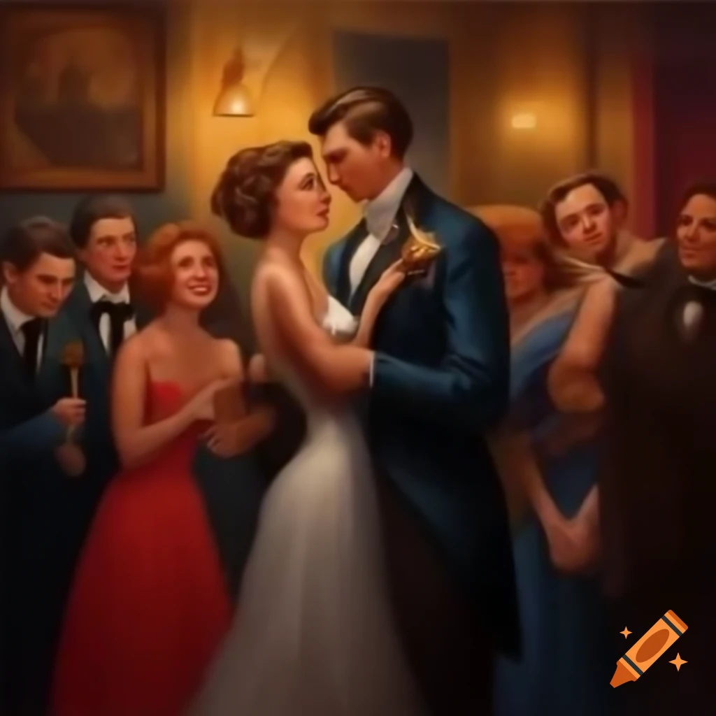 1920s prom scene depicted in oil painting