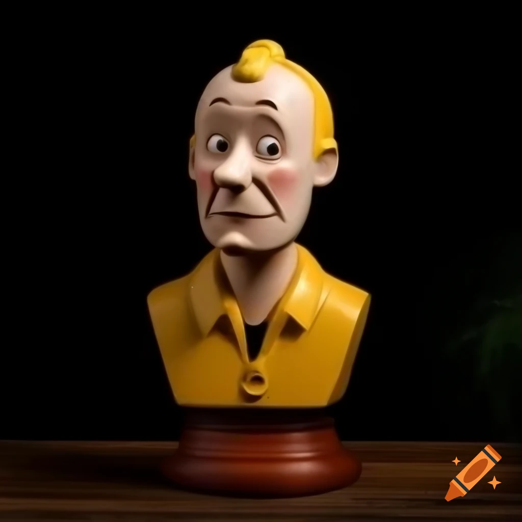Medieval polychrome wooden bust of Tintin against dark background