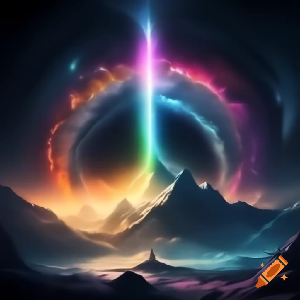 Colorful rainbow astral portals over mountain caldera