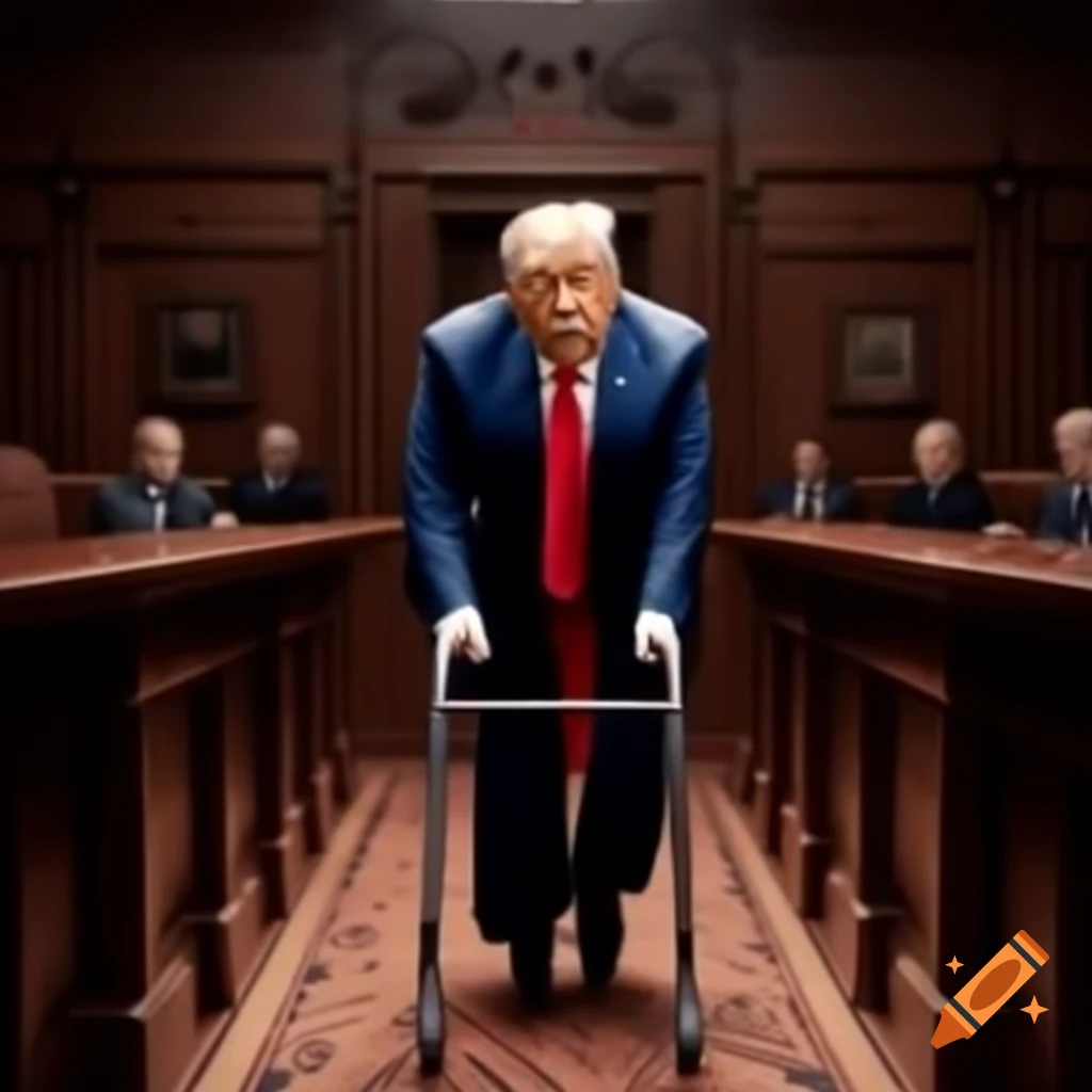 Satirical depiction of a political figure as a controversial personality in a courtroom setting
