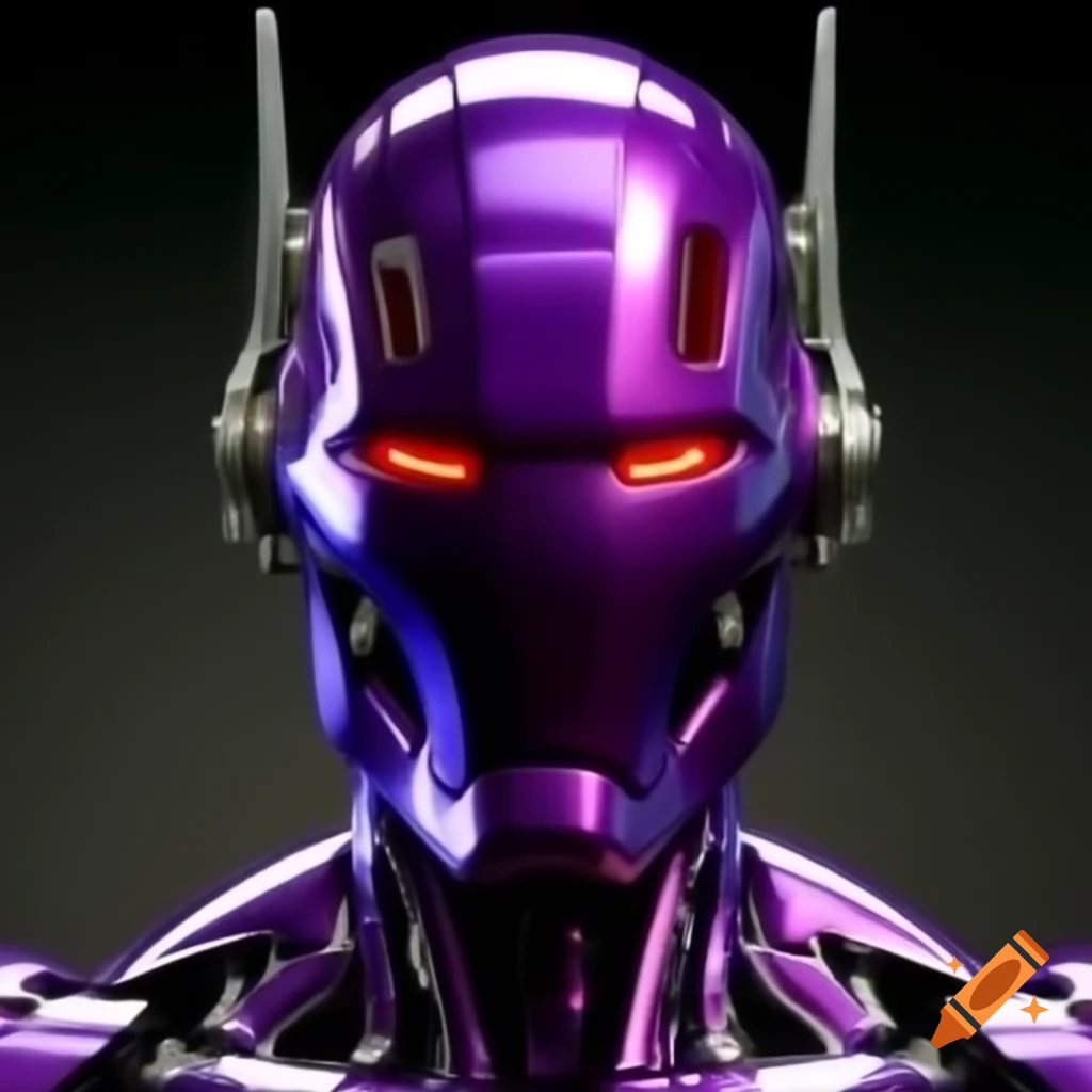 Ultron and sentinel hybrid with purple and silver metal, glowing red eyes