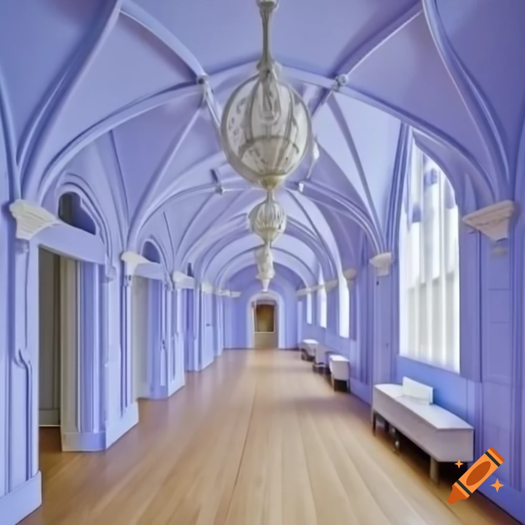 Periwinkle Tudor wooden panel ballroom in pastel blue tones