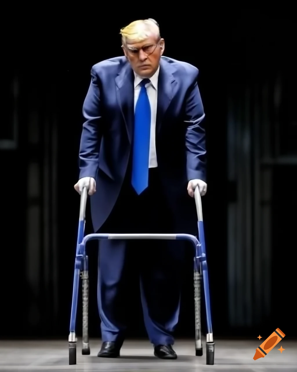 Satirical depiction of Donald Trump in a courtroom setting, resembling Harvey Weinstein
