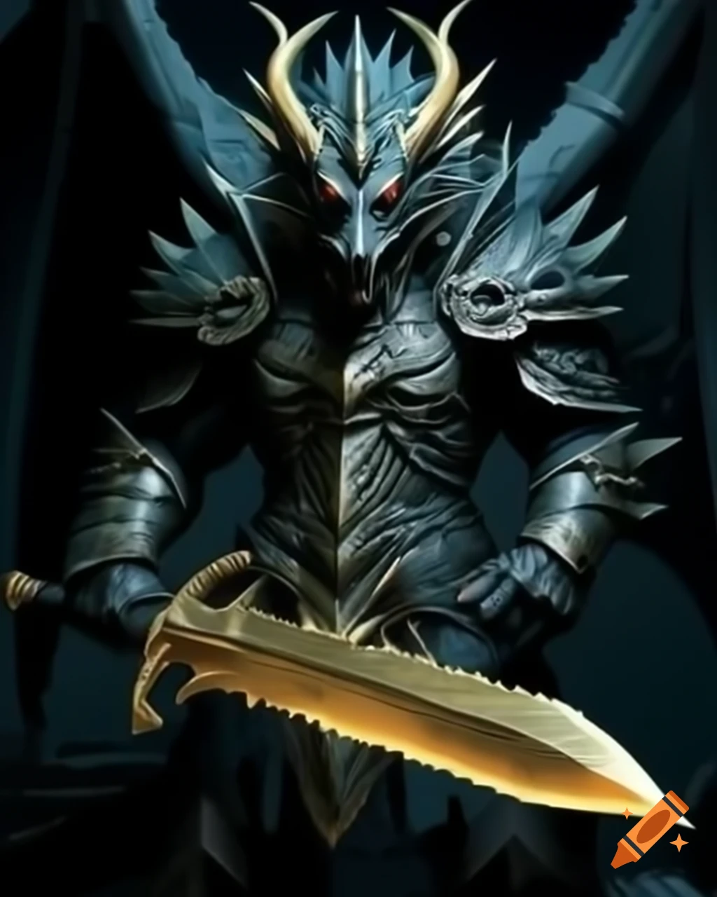 Black dragon in armor wielding a large golden blade