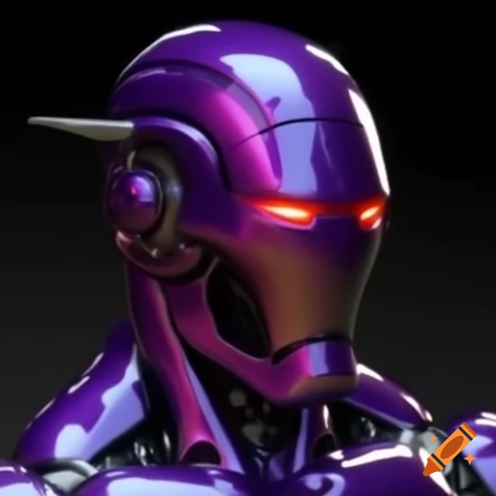 Shiny purple and silver metal Ultron merged with sentinel, glowing red eyes