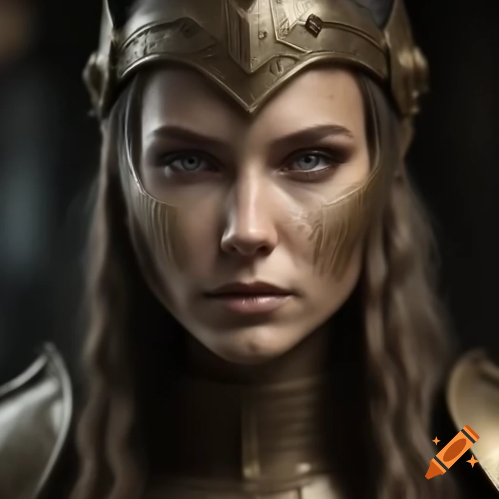 Photo realistic amazonian shield maiden portrait on craiyon