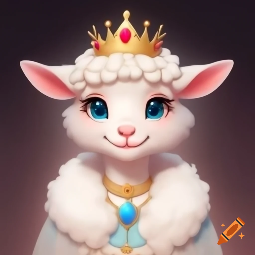 Anime-style anthro sheep girl princess in fancy dress with tiara and jewelry