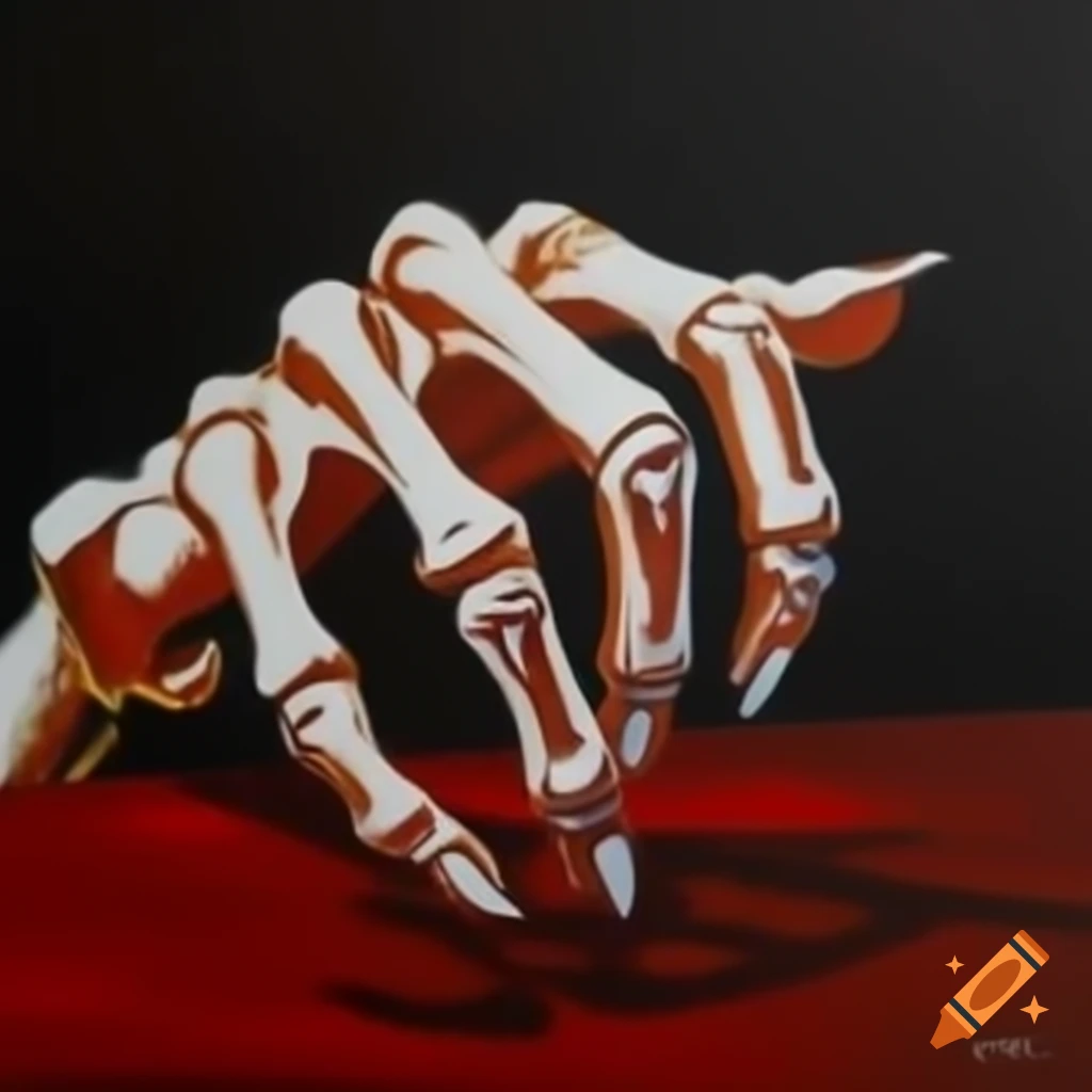 Abstract oil painting of skeleton hand with ring on ring finger