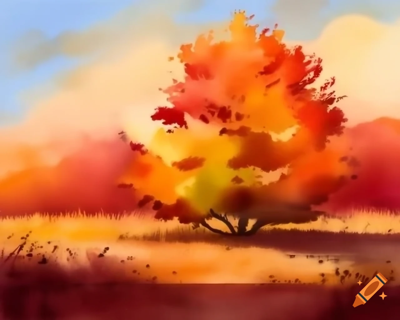 Watercolor autumn bush in fiery rainbow shades, storybook style