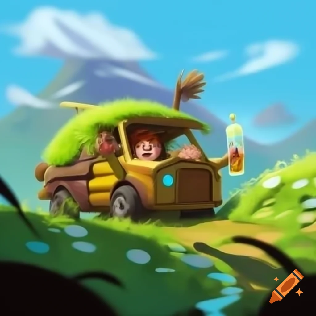 Hobbit driving Ford truck while enjoying Mountain Dew soda