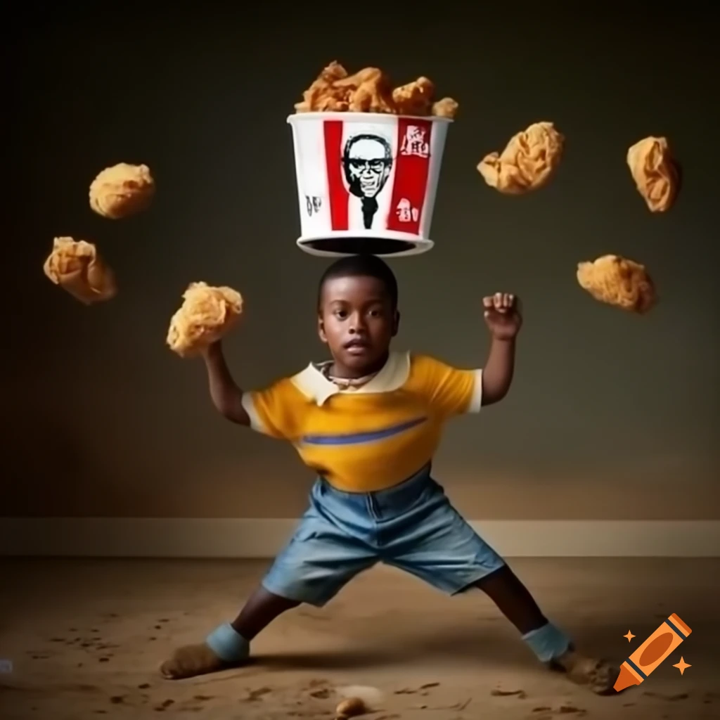 Boy in ragged clothes holding KFC bucket while running from explosion