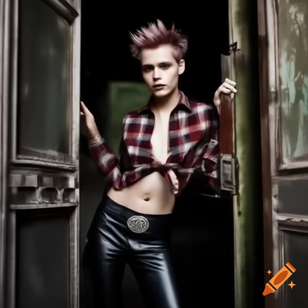 Punk-rocker with mohawk hairstyle and plaid shirt peeking through derelict building