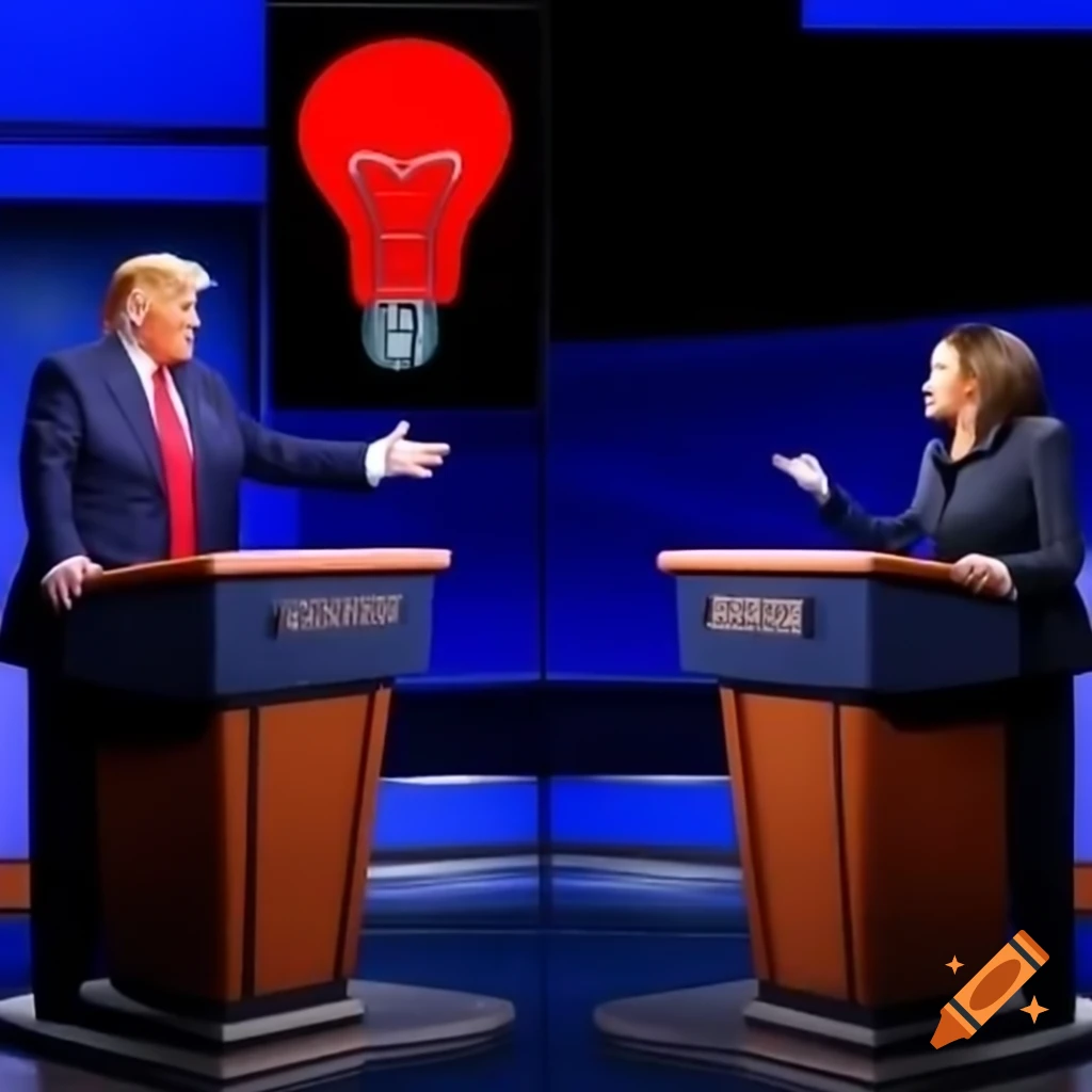 Hyper realistic depiction of Donald Trump and Kamala Harris at debate podiums with contrasting light bulbs