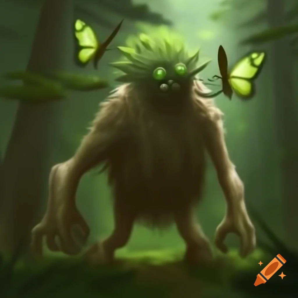 Tree monster with large limbs in forest surrounded by butterflies