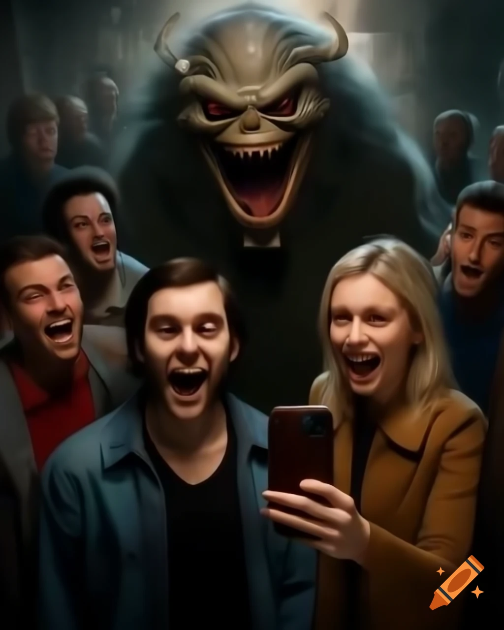 Group of friends taking a selfie with a monstrous creature approaching in the background, VHS style