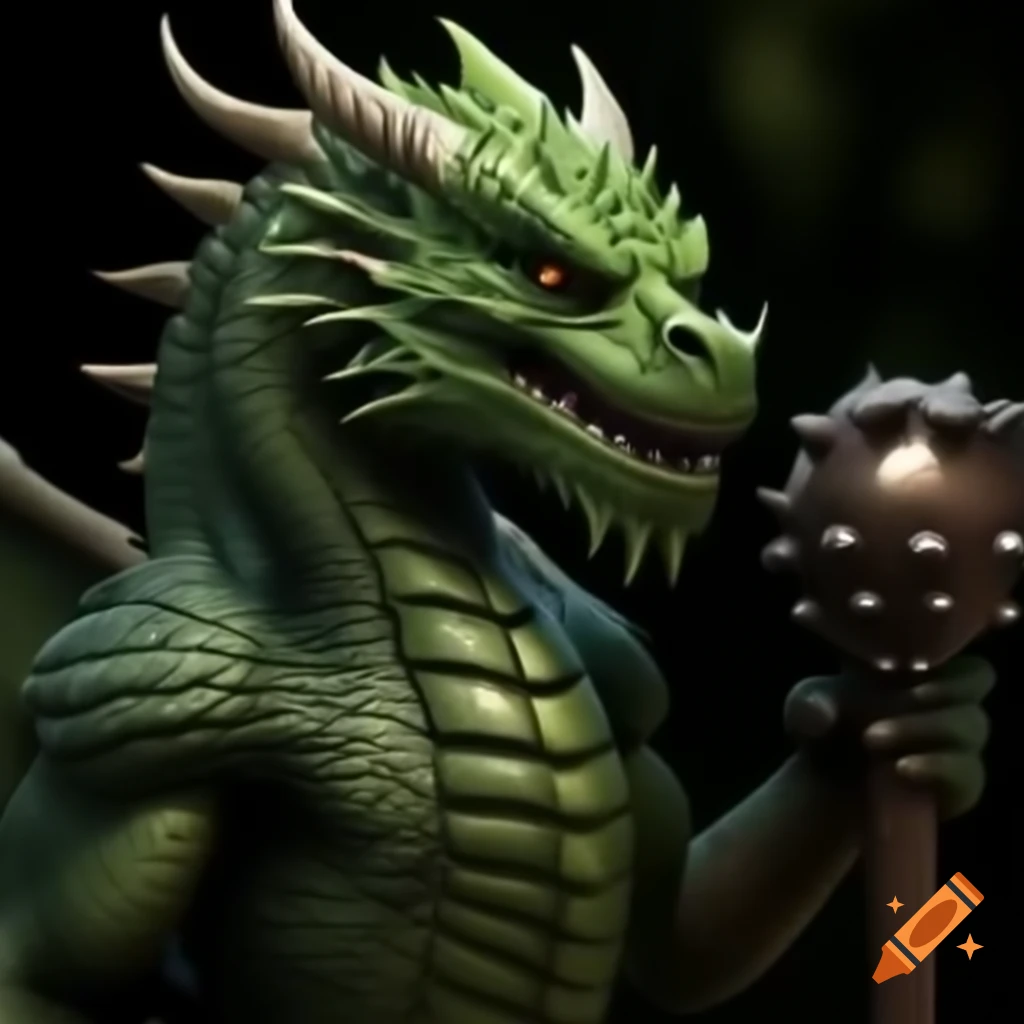 Realistic green dragon wielding a spiked mace