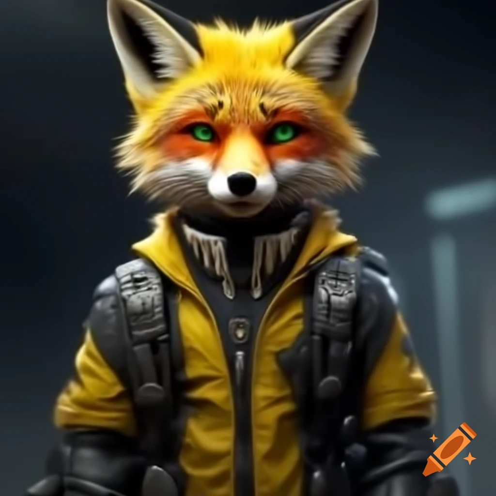 Cyborg hitman fox fursona with yellow fur