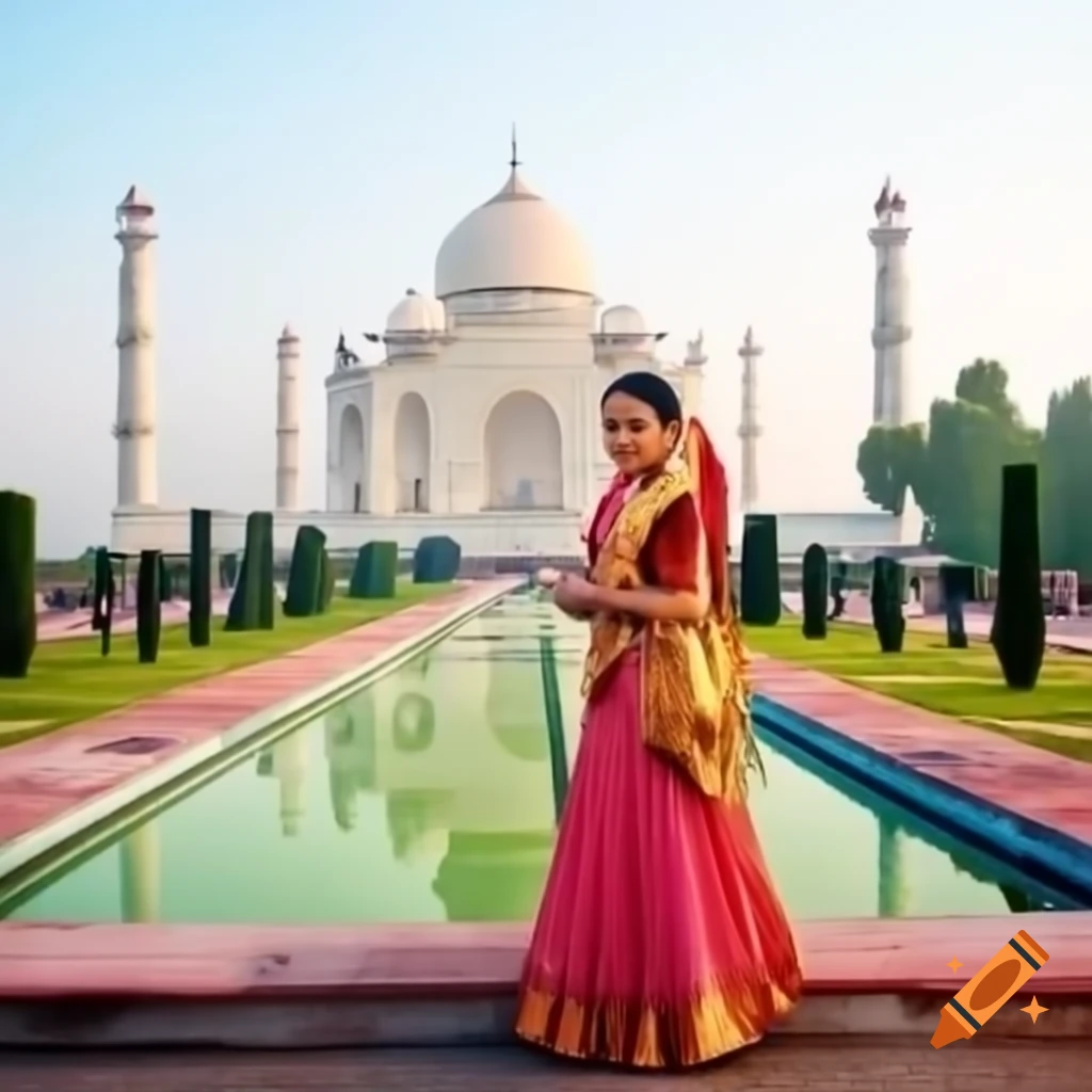 Indian young lady taking a photo with the Taj Mahal