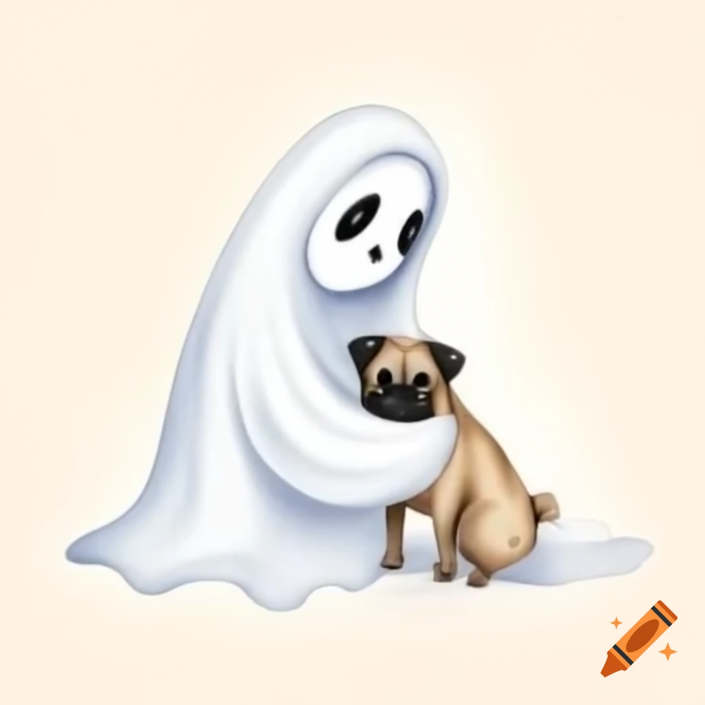 Ghost holding pug in foggy woods