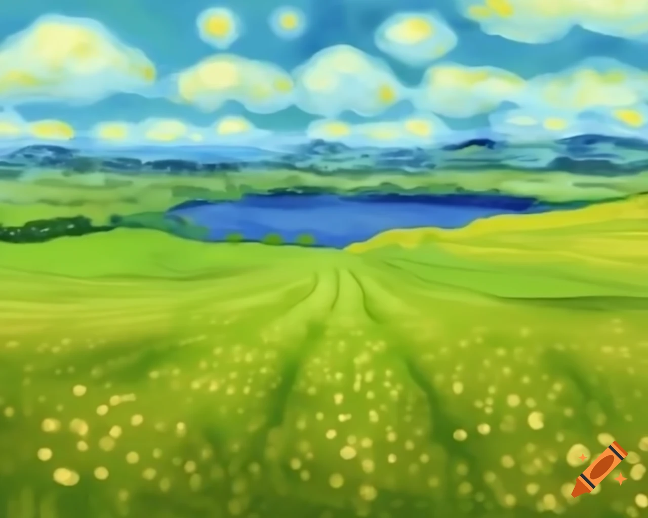 Van Gogh style painting of landscape with field, lake, and canyons