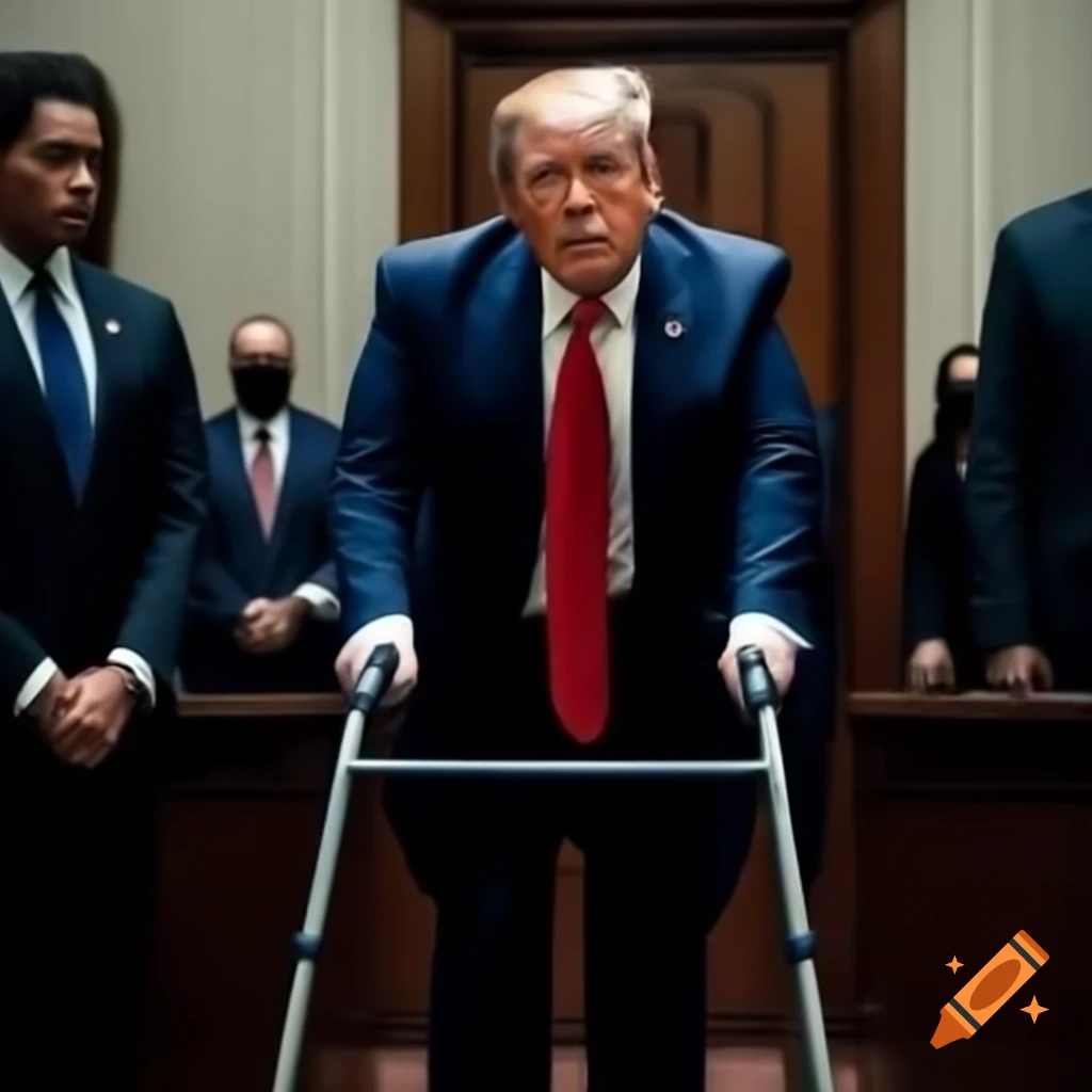 Satirical depiction of Donald Trump as Harvey Weinstein using a walker in court