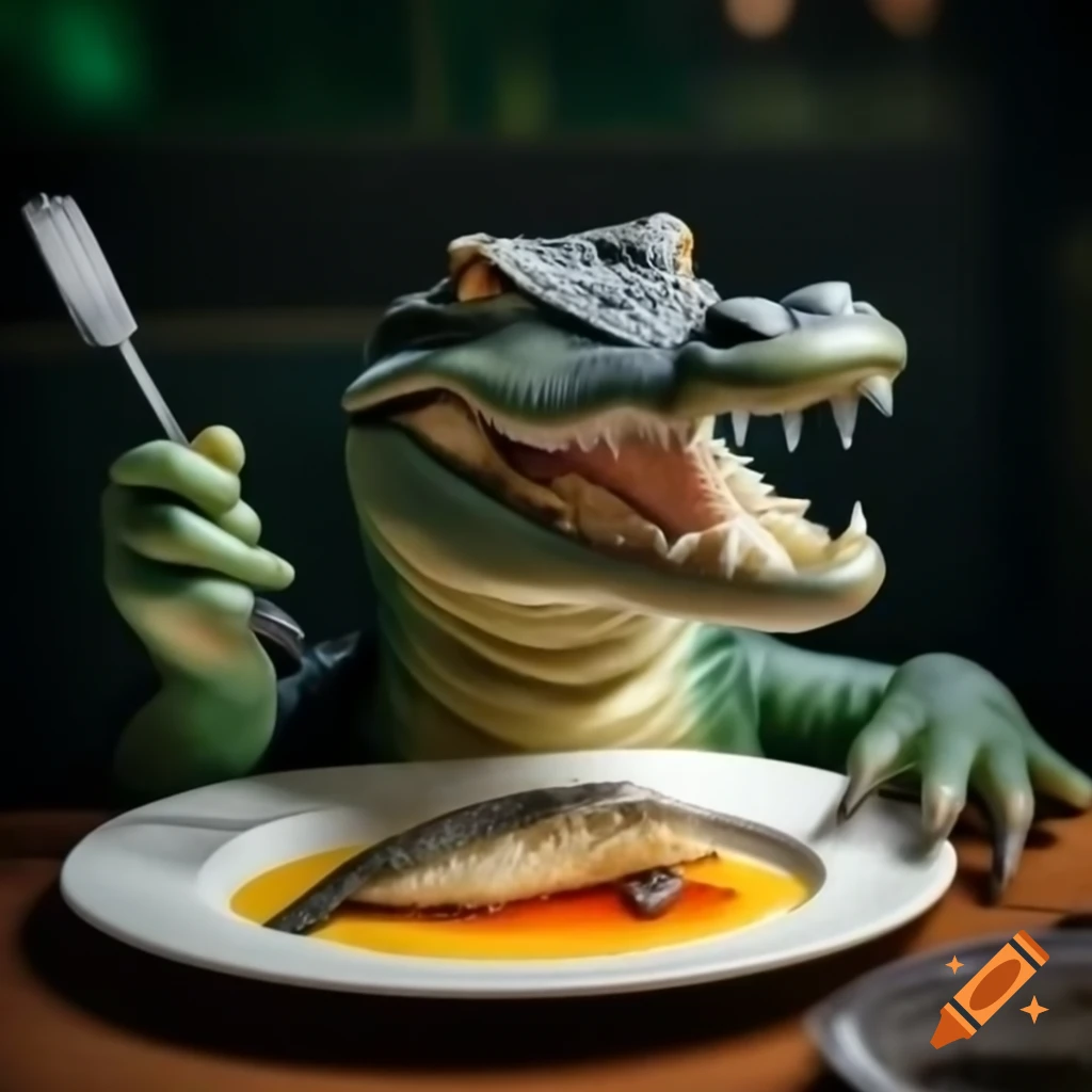 Polite alligator eating fish on a plate while holding a fork