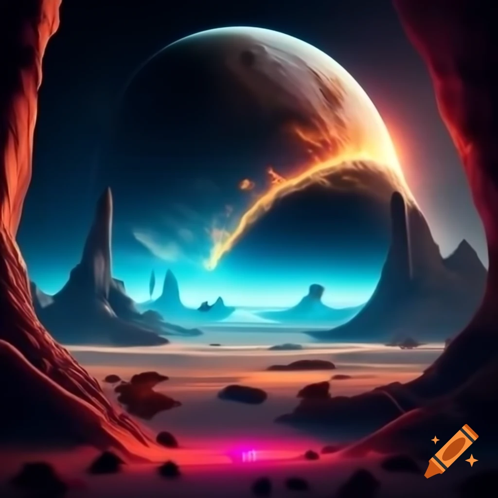 Surreal landscape on distant planet with crystalline structures and colorful sand desert
