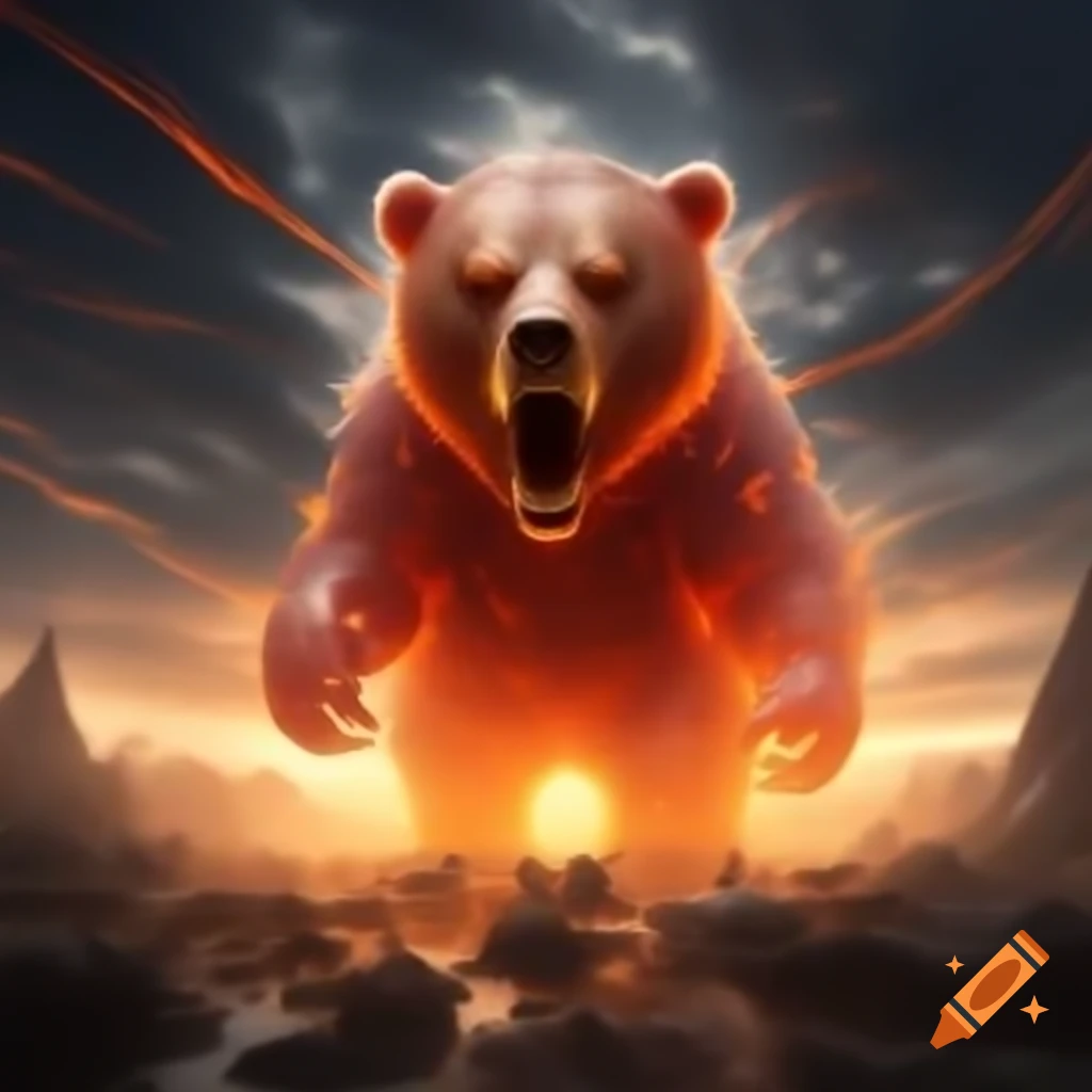 Surreal scene of expanding colossal Gummy Bear in apocalyptic setting