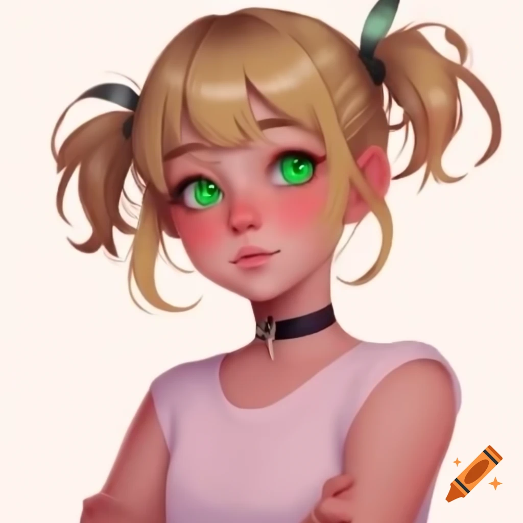 Anime girl with blonde hair and emerald green eyes in light pink t-shirt