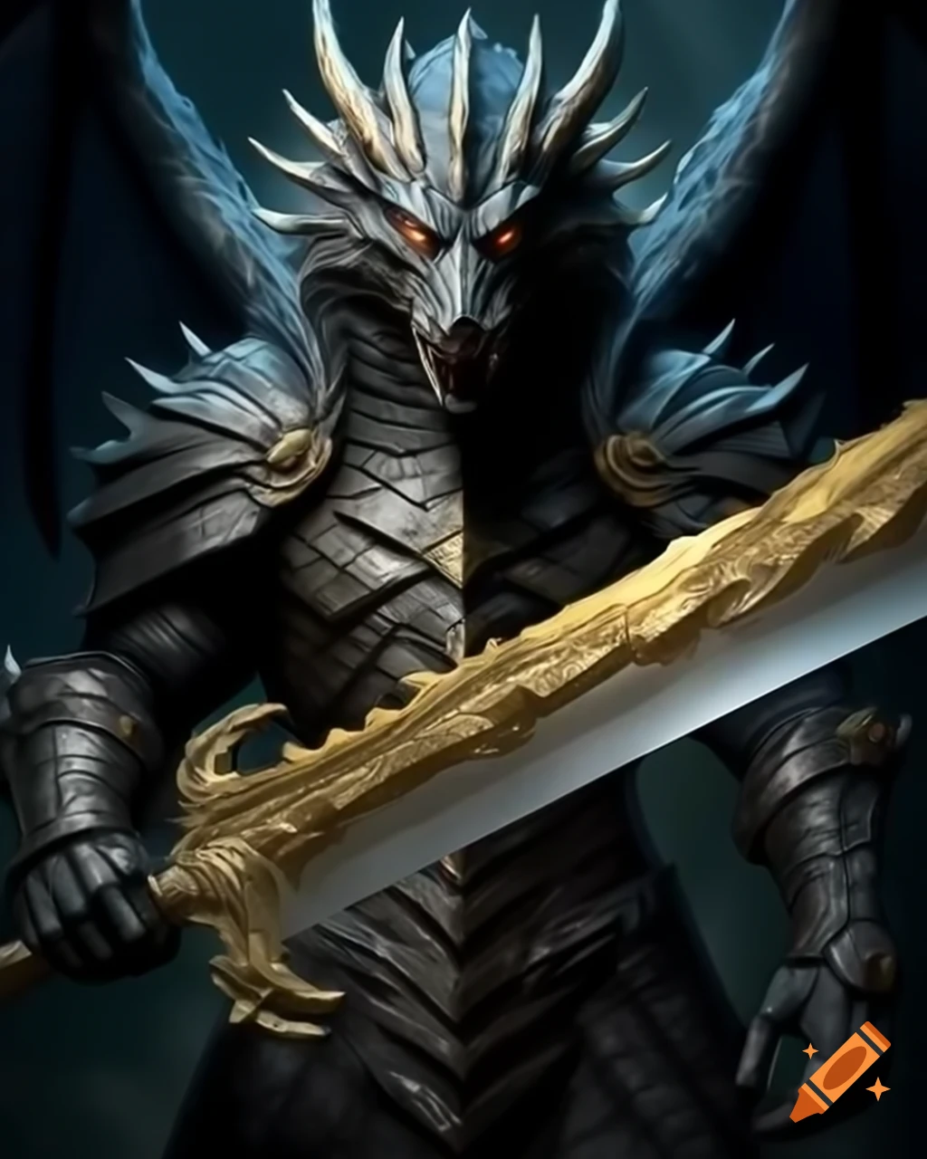 Black dragon in armor wielding a large golden blade
