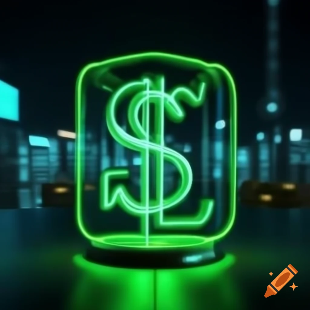 Phosphor neon green dollar sign in glassy bank icon with Tokyo nightlife backdrop