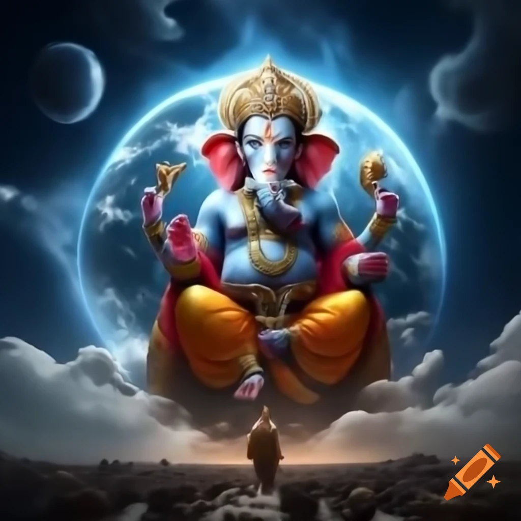 Enormous Lord Ganesha statue in eternal form with a man praying