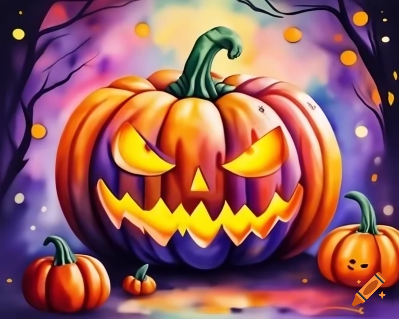 Watercolor Halloween pumpkin in rainbow colors, storybook style