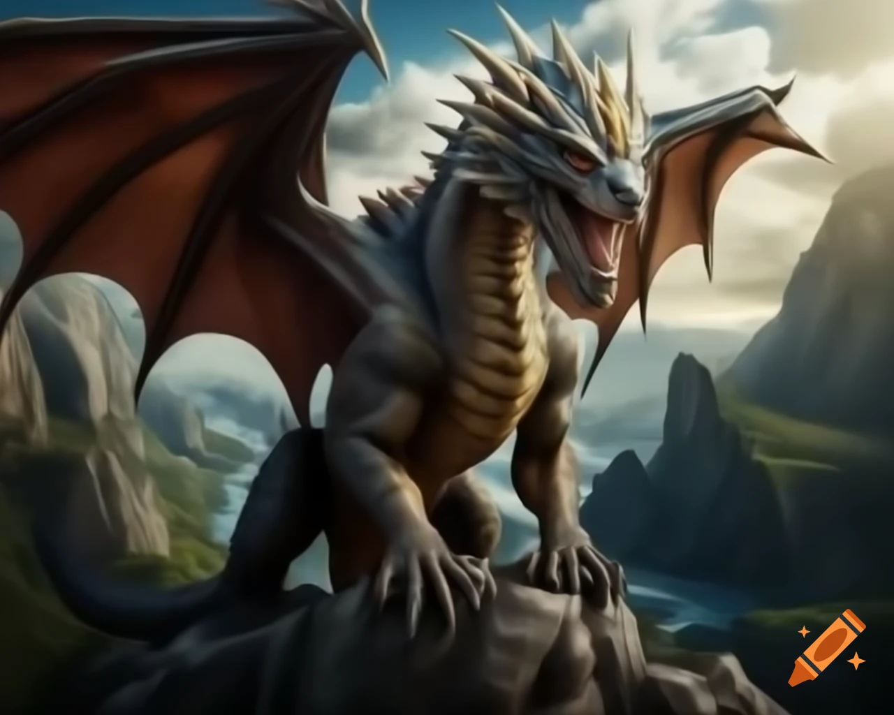Realistic dragon on cliff edge with detailed scales and powerful wings