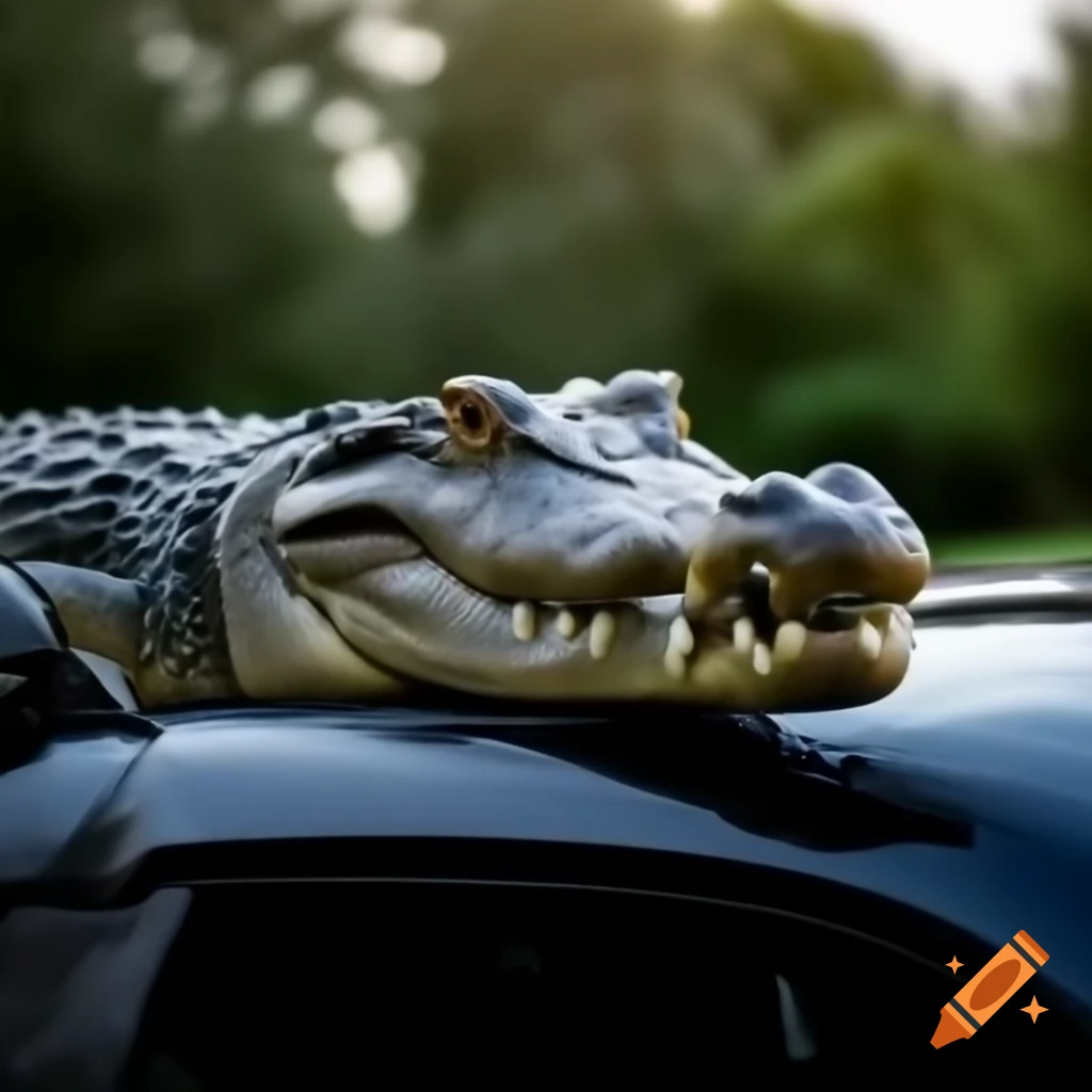 Crocodile resting on sports car in photorealistic 4K quality