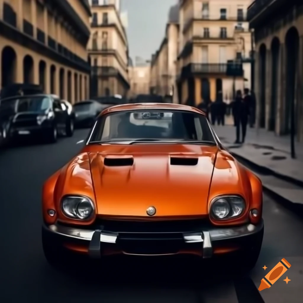 Orange restomod Renault Fuego in Paris streets from front three-quarter angle