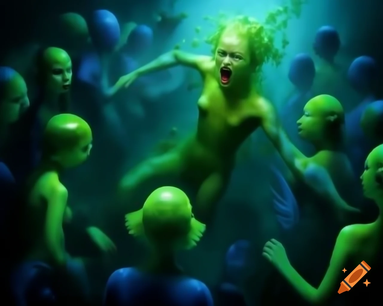 Surreal portrait of deep sea humanoid mutants with slimy skin