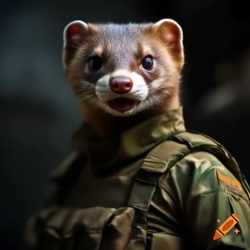 European weasel wearing Ukrainian tactical military uniform with an angry expression