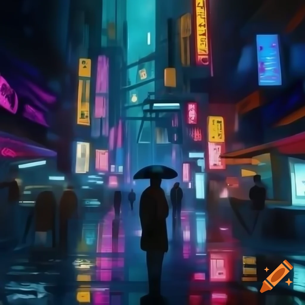 Bustling cyberpunk street with neon signs and digital rain at twilight
