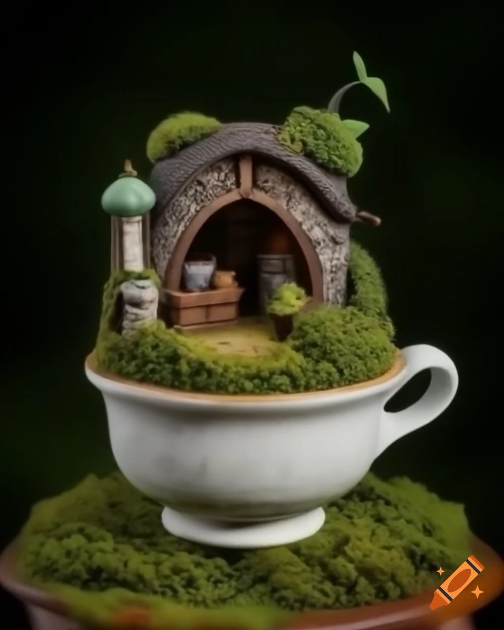 Mossy miniature fairy village diorama inside a teacup on table