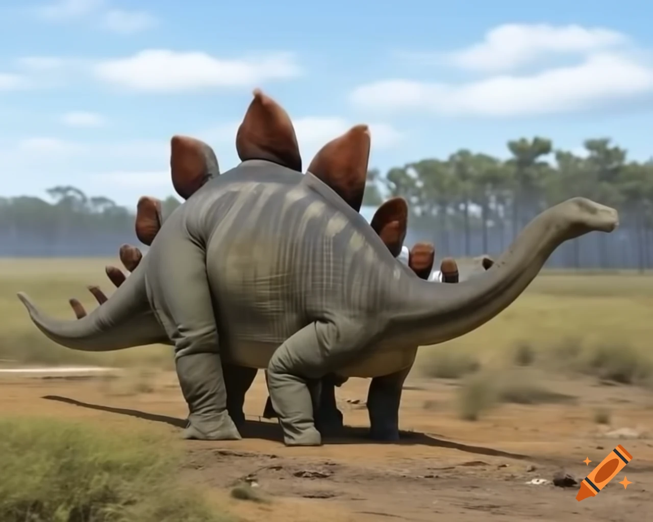 Pair of striped Stegosaurus walking in fern-covered savannah landscape