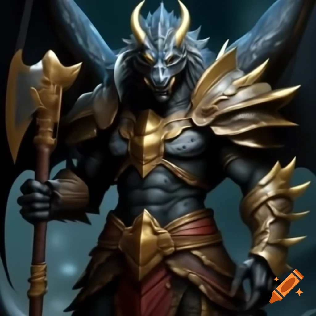 Black dragon in armor wielding golden axe