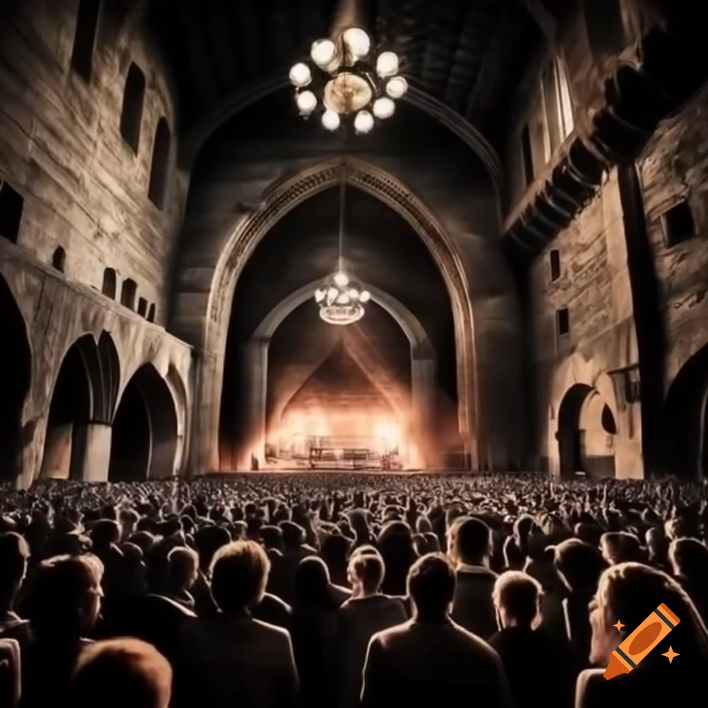 Crowded punk concert in venue with medieval stone walls and chandelier