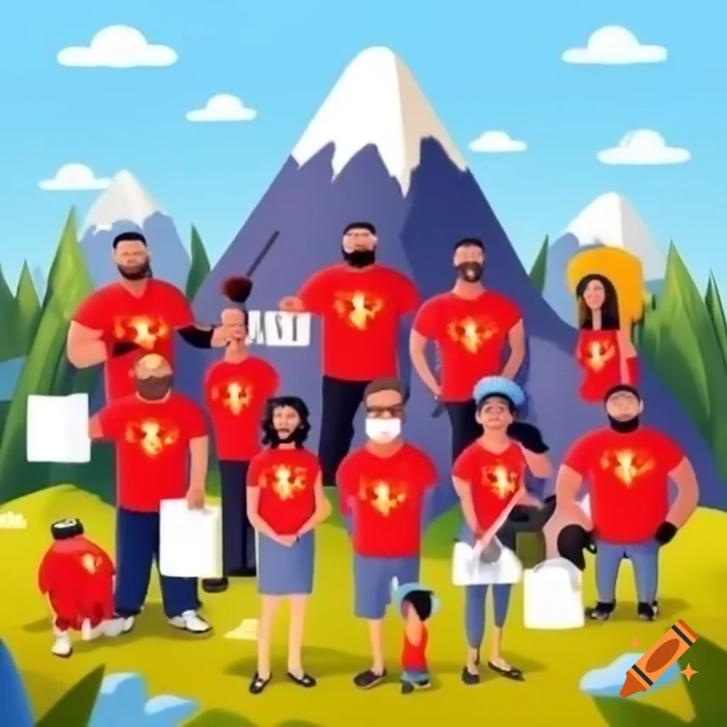 Adults in red volunteer shirts teaching kids to build a shelter outdoors on a mountain