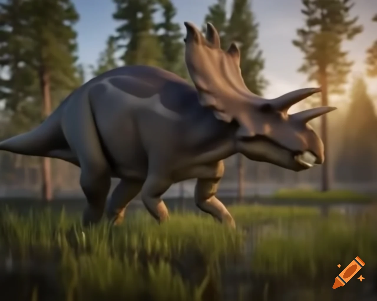 Protoceratops crossing marsh with driftwood under golden hour sunlight in British Columbia