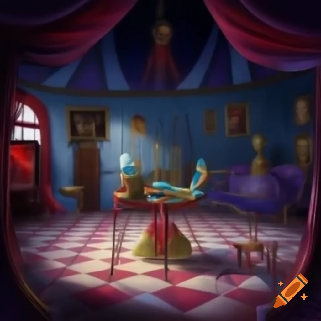 Surrealist room with circus elements and mirrors