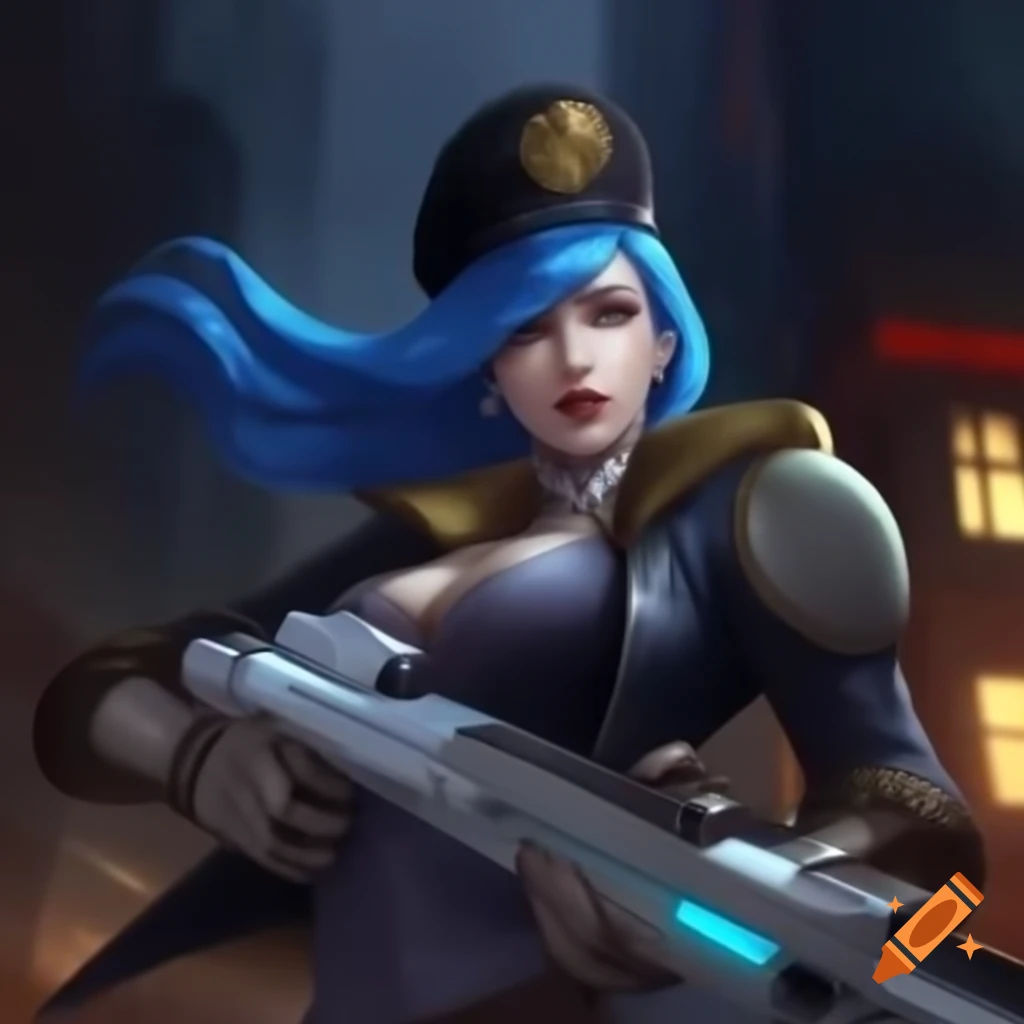 Game style art of woman with long blue hair in imperial coat wielding shotgun