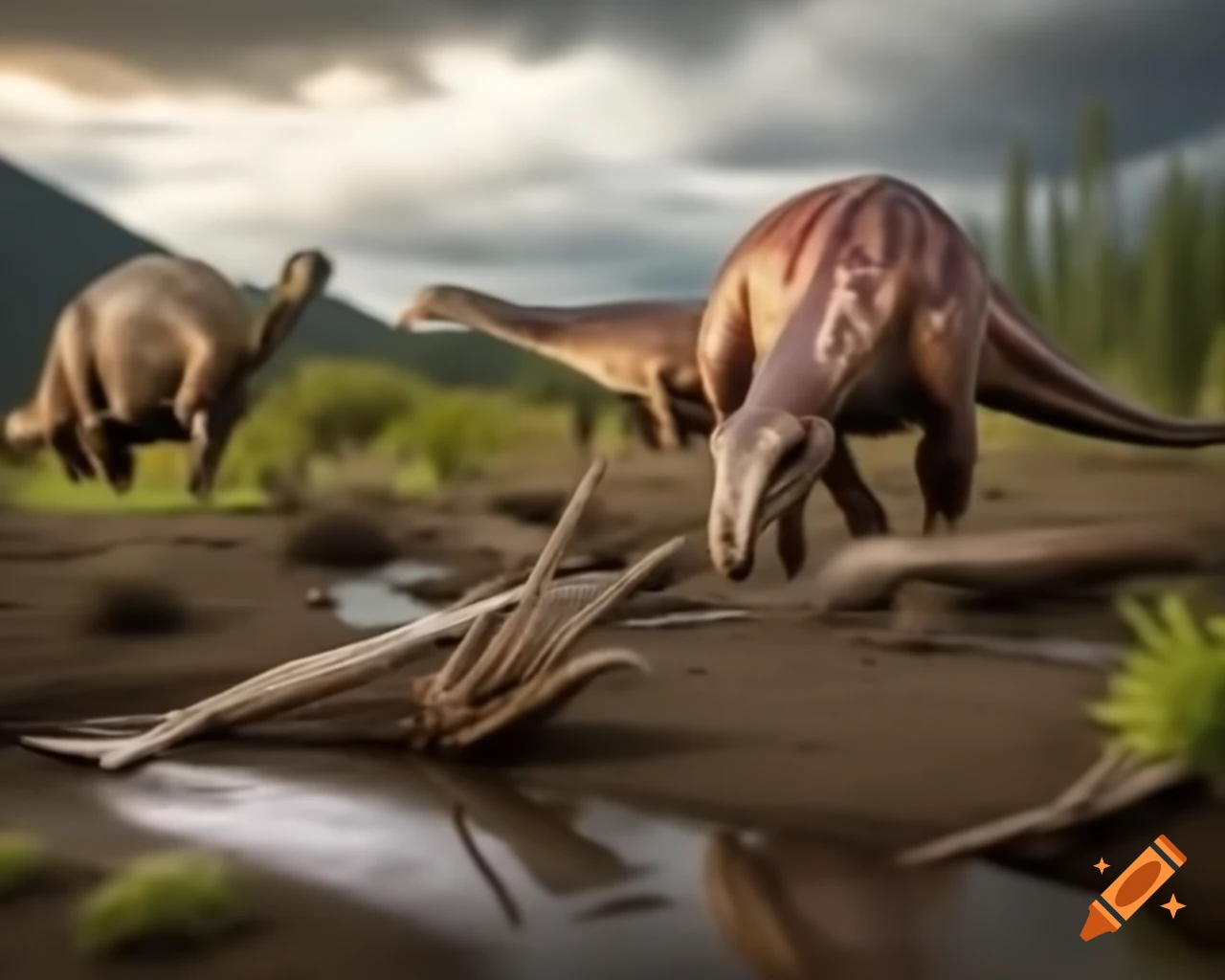 Striped Hadrosaurus group near stream in muddy flat with ferns in British Columbia